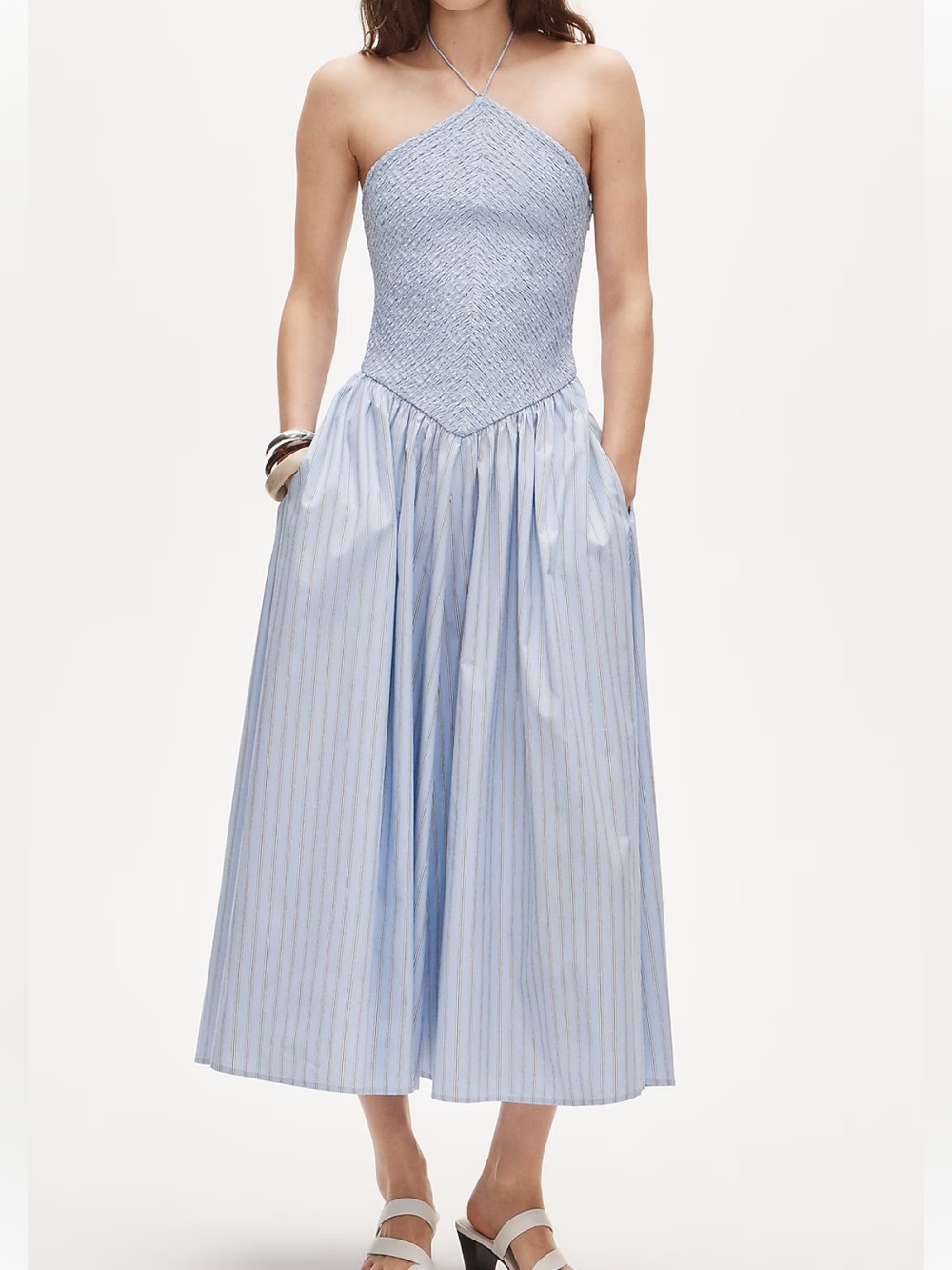 Jcrew smocked midi dress light blue cotton striped j.crew new NWT halter
